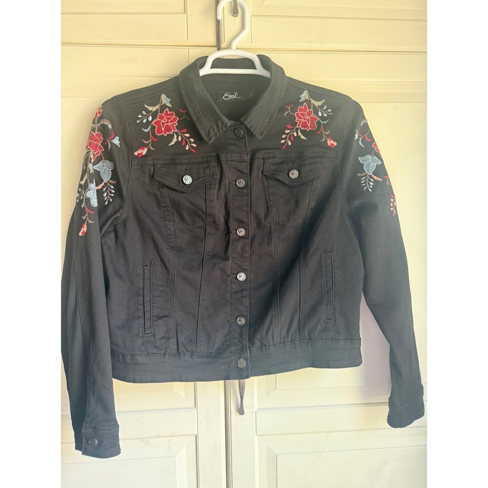 Earl Jean Black Denim Trucker Jacket Floral Embroidered Womens Large L Boho - Picture 2 of 10